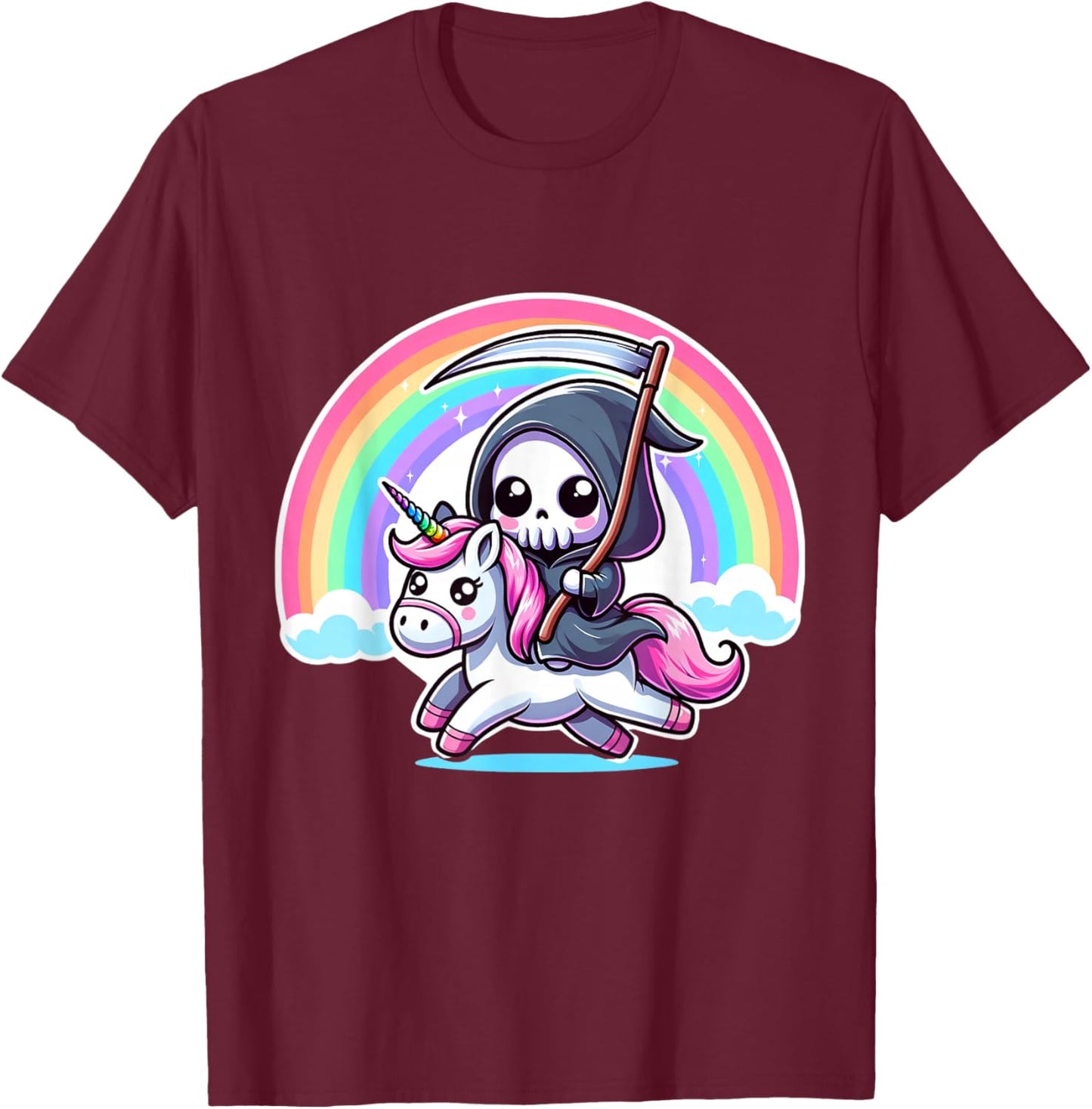 Grim Reaper Unicorn Funny Rainbow Heavy Metal Design T-Shirt - T-Shirt | Maroon