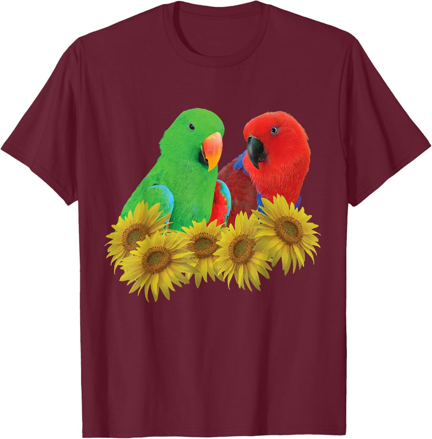 Pair of Eclectus Parrots, Male, and Female, Sunflower T-Shirt - T-Shirt | Maroon