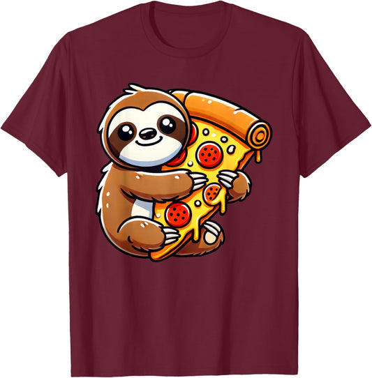 Cute Sloth Holding A Pizza Slice T-Shirt - T-Shirt | Maroon
