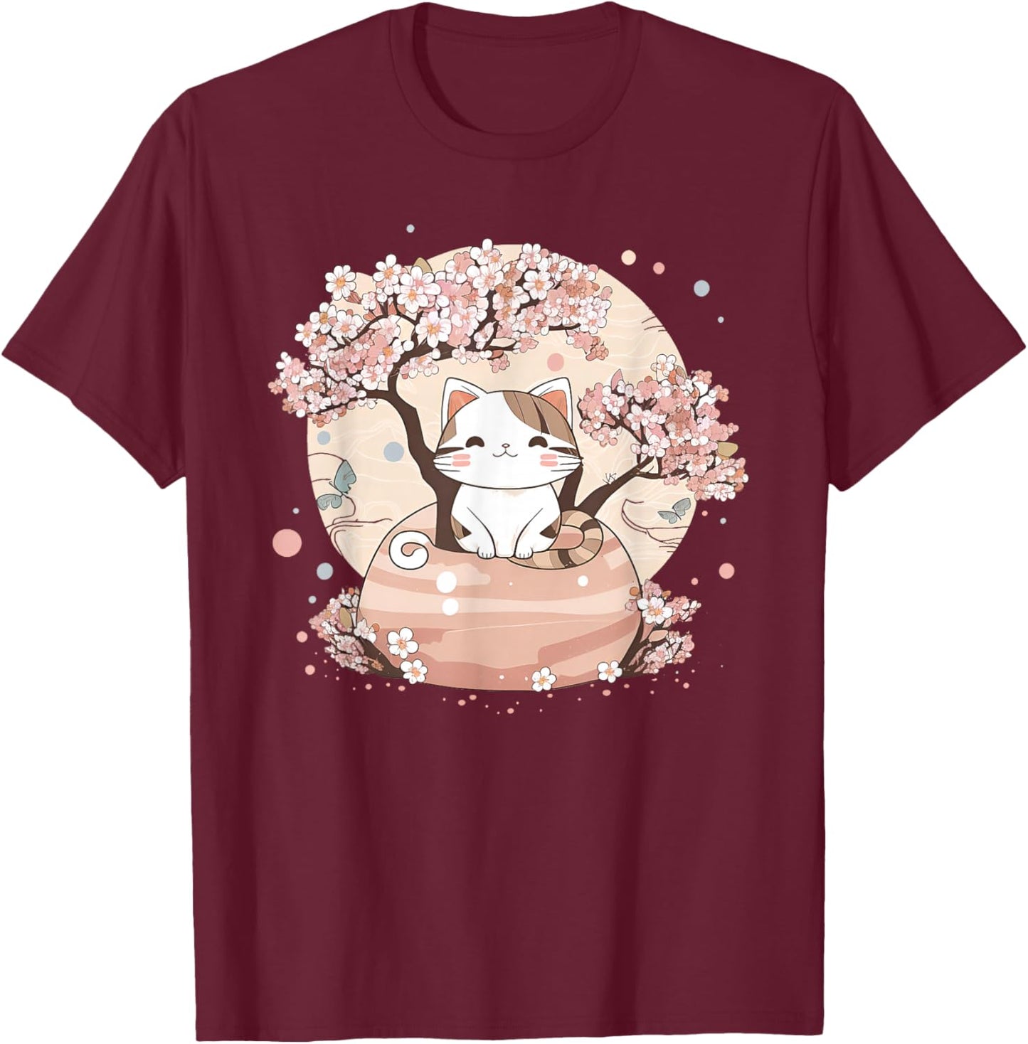Cherry Blossom Tree Cat Japanese Aesthetic Vaporwave Anime T-Shirt - T-Shirt | Maroon