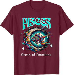 Pisces Ocean of Emotions Moon and Fish Cosmic Zodiac Design T-Shirt - T-Shirt | Maroon