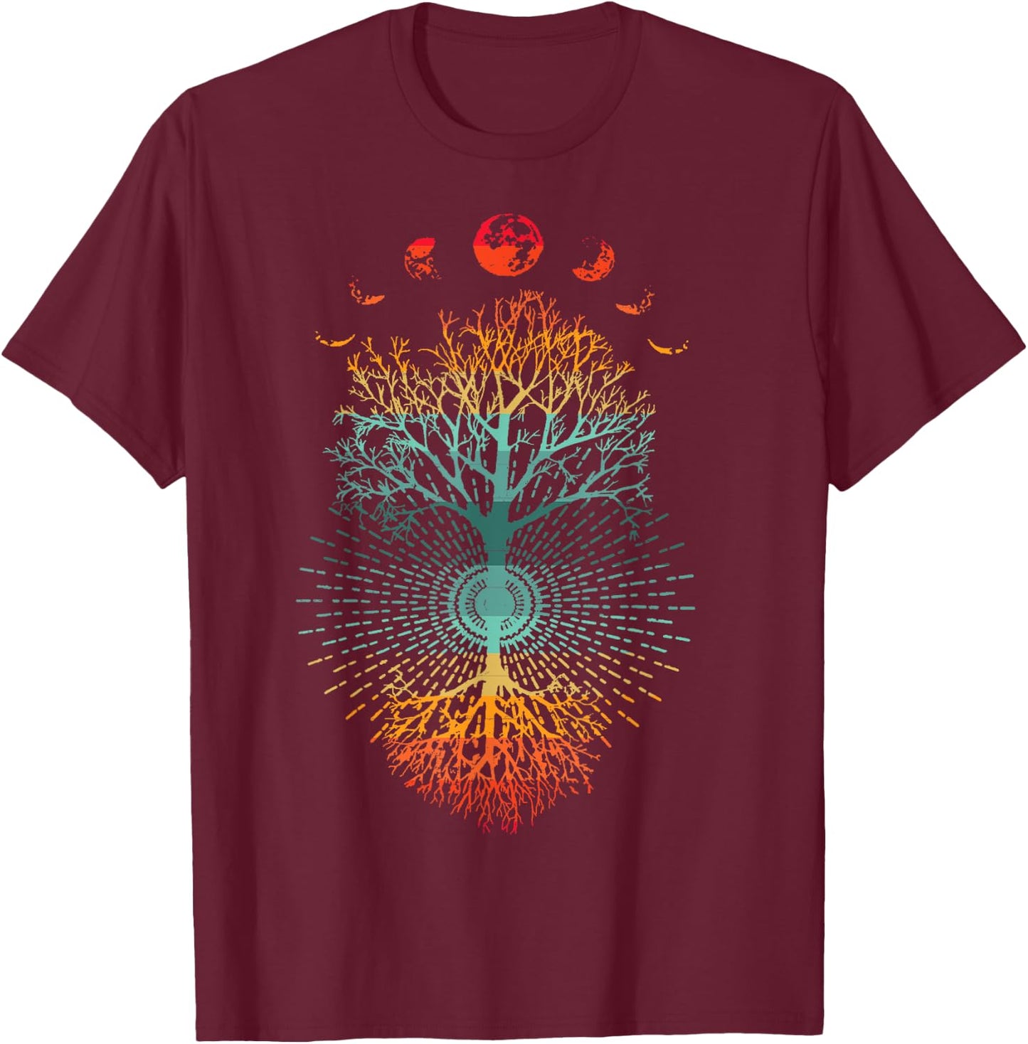 Phases of the Moon Retro 60's 70's Vibe Tree of Life Graphic T-Shirt - T-Shirt | Maroon
