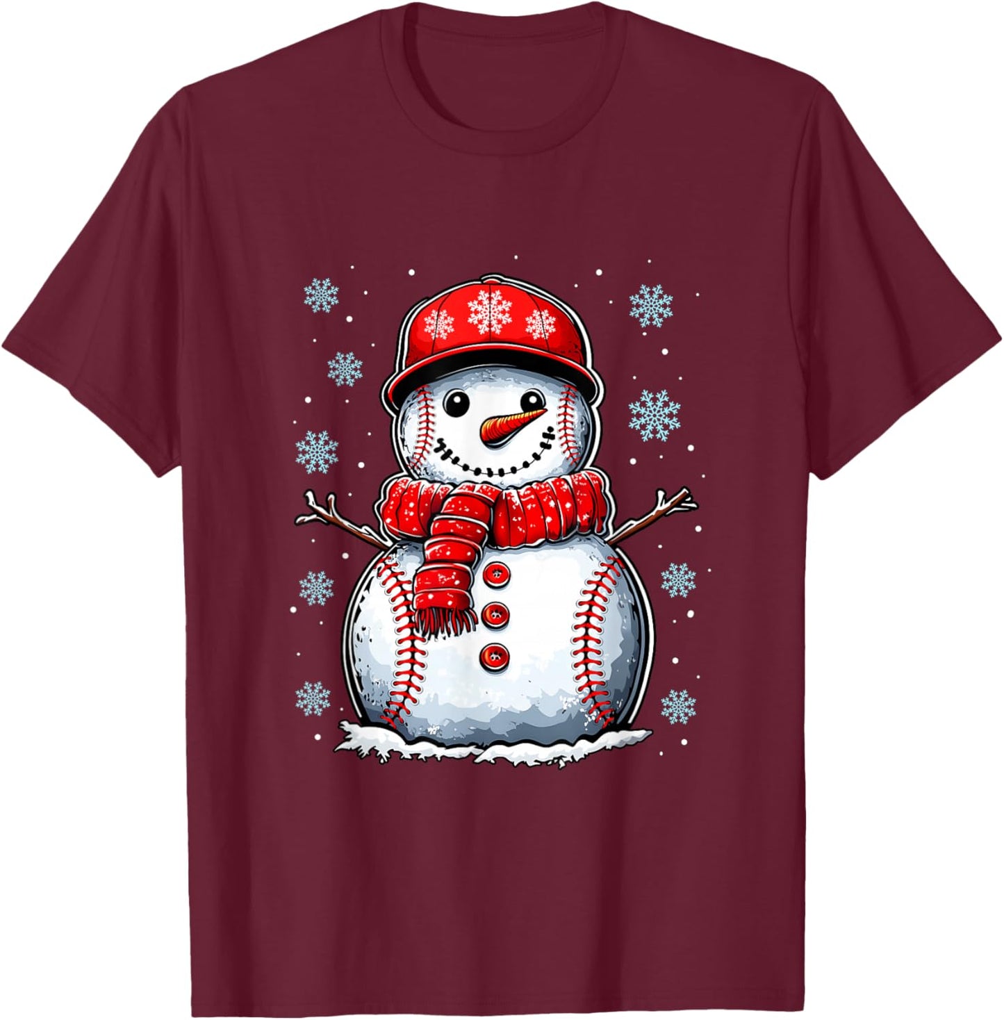 Christmas Baseball Snowman Boys Baseball Christmas Women Men T-Shirt - T-Shirt | Maroon