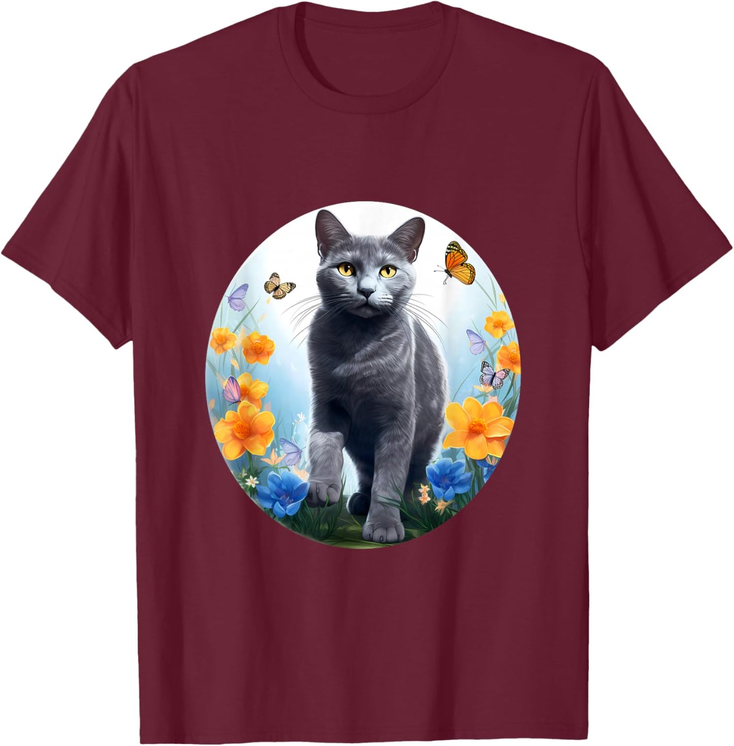 Russian Blue Cat Cat Flower T-Shirt - T-Shirt | Maroon