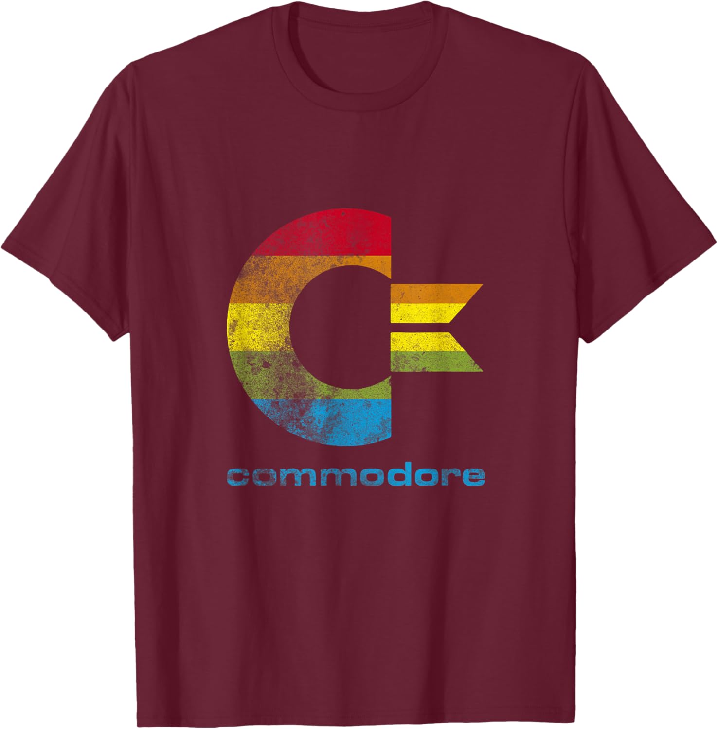 Commodore C64 - Capital Letter Rainbow Colour Stripes Effect T-Shirt - T-Shirt | Maroon