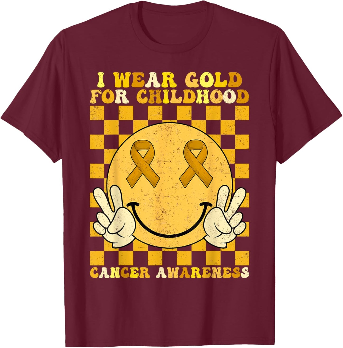 Groovy I Wear Gold For Childhood Cancer Awareness Smile Face T-Shirt - T-Shirt | Maroon
