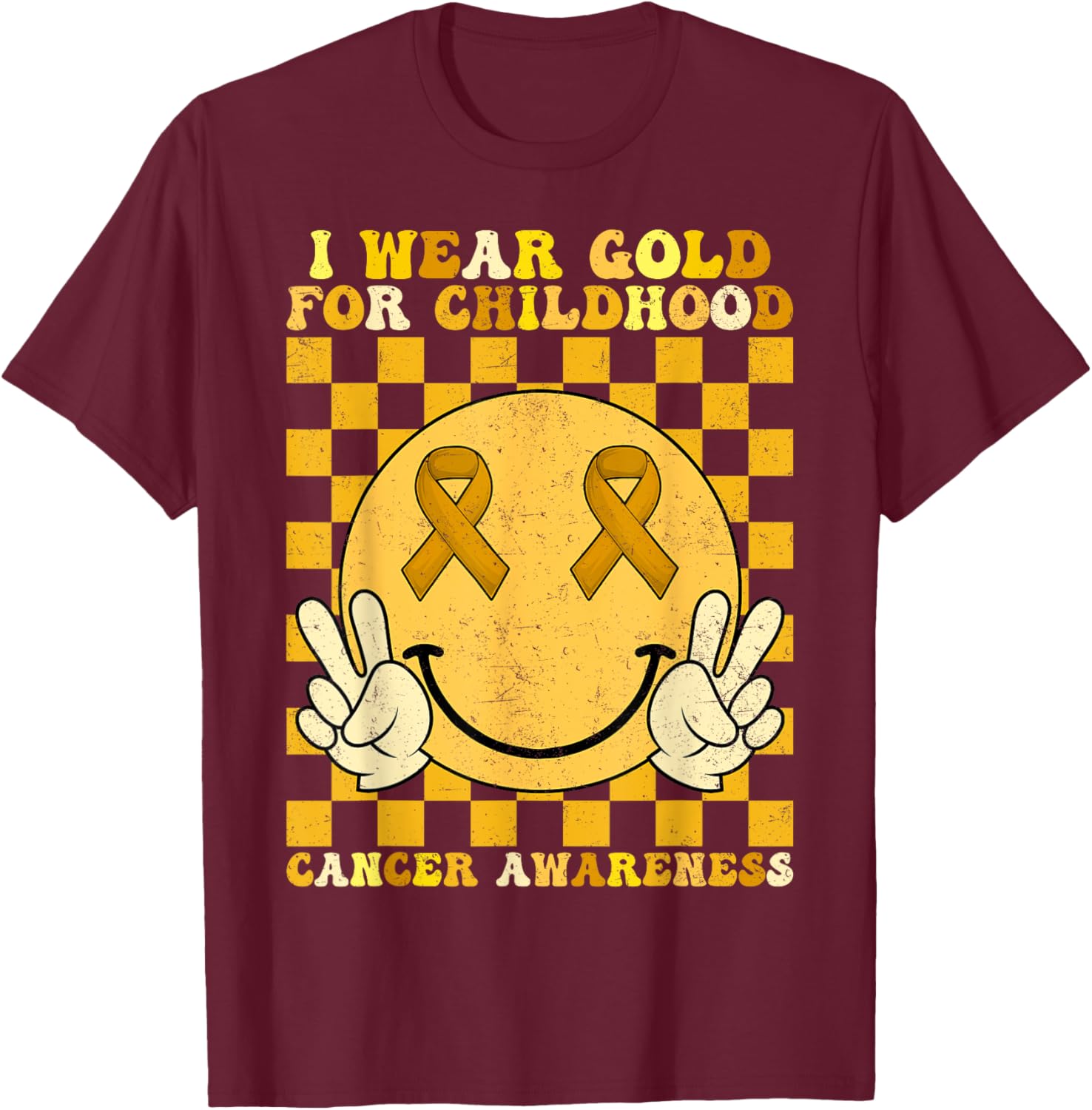 Groovy I Wear Gold For Childhood Cancer Awareness Smile Face T-Shirt - T-Shirt | Maroon