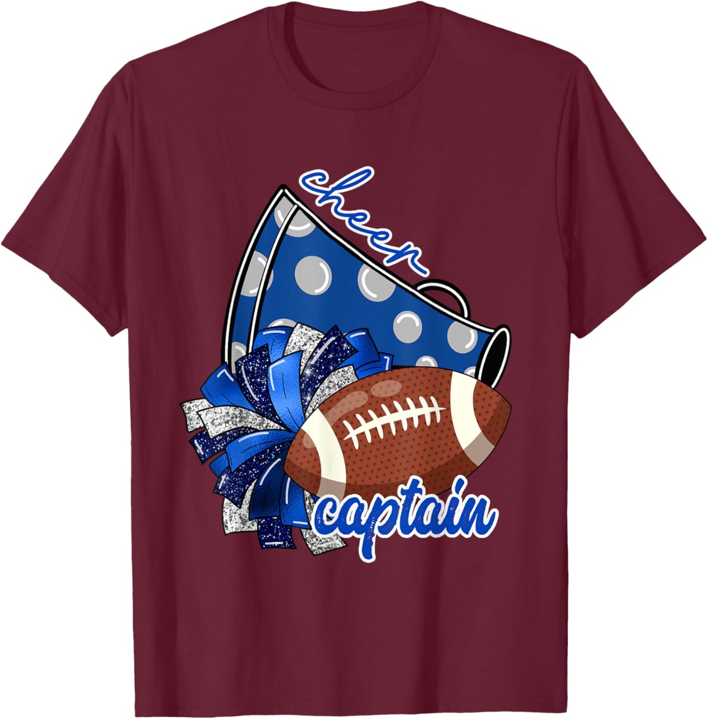 Cheer Captain Shirt, Megaphone Pom Pom Football Blue T-Shirt - T-Shirt | Maroon
