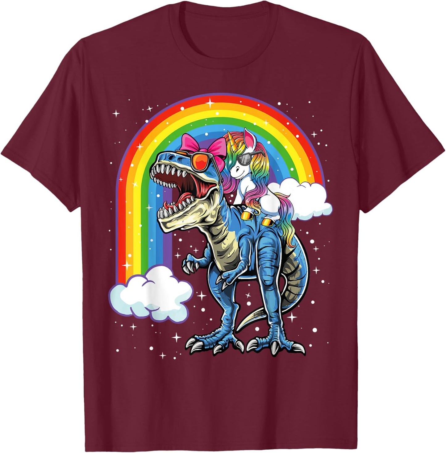 Unicorn Riding T Rex Dinosaur Boys Girls Kids Gift Men T-Shirt - T-Shirt | Maroon