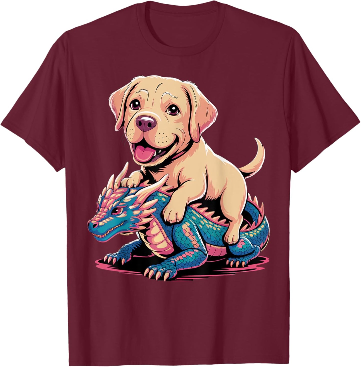 Cute Labrador Riding Dragon T-Shirt - T-Shirt | Maroon