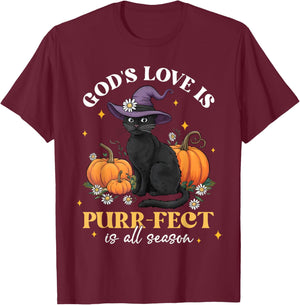 God's Love Is Purr-fect Witch Black Cat Pumpkin Flowers T-Shirt - T-Shirt | Maroon