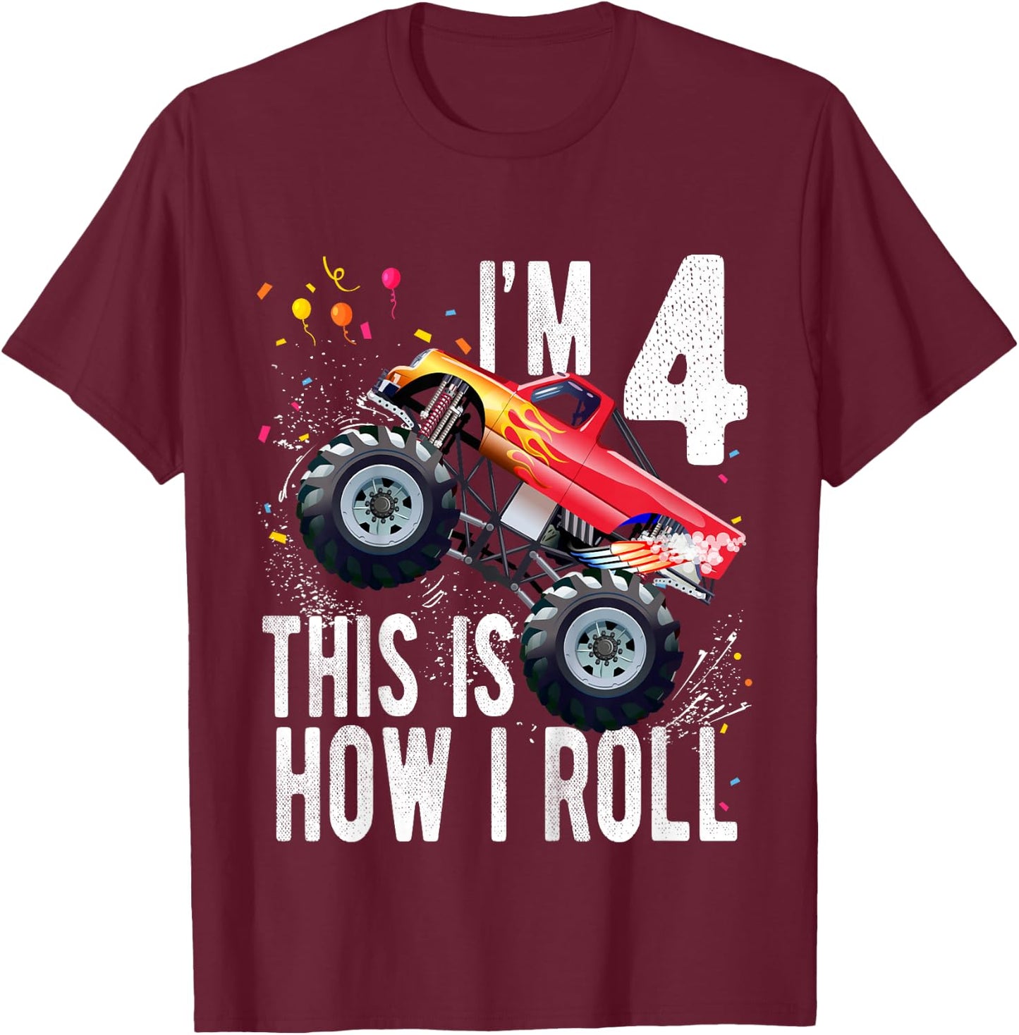 Kids 4 Year Old Shirt 4th Birthday Boy Monster Truck Car T-Shirt - T-Shirt | Maroon