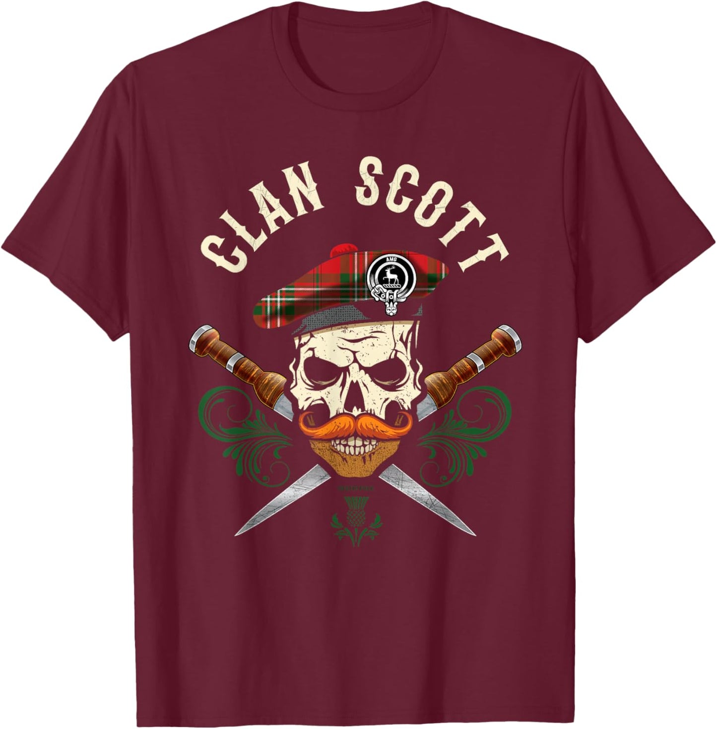 Scottish Clan Scott Surname Skull Dirks Tartan Badge T-Shirt - T-Shirt | Maroon