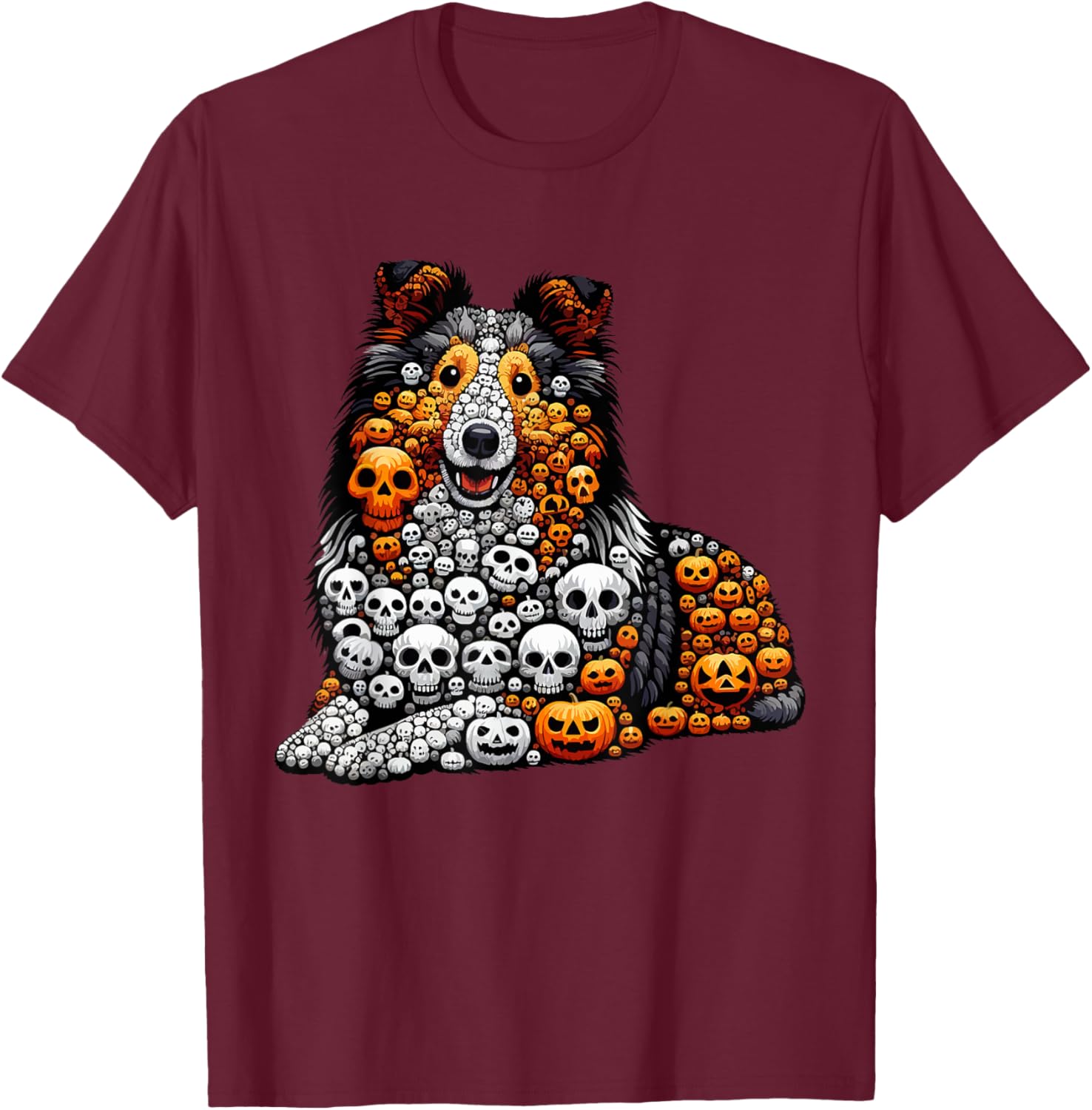 Skulls Carved Pumpkins Halloween Sheltie Cute Shape T-Shirt - T-Shirt | Maroon