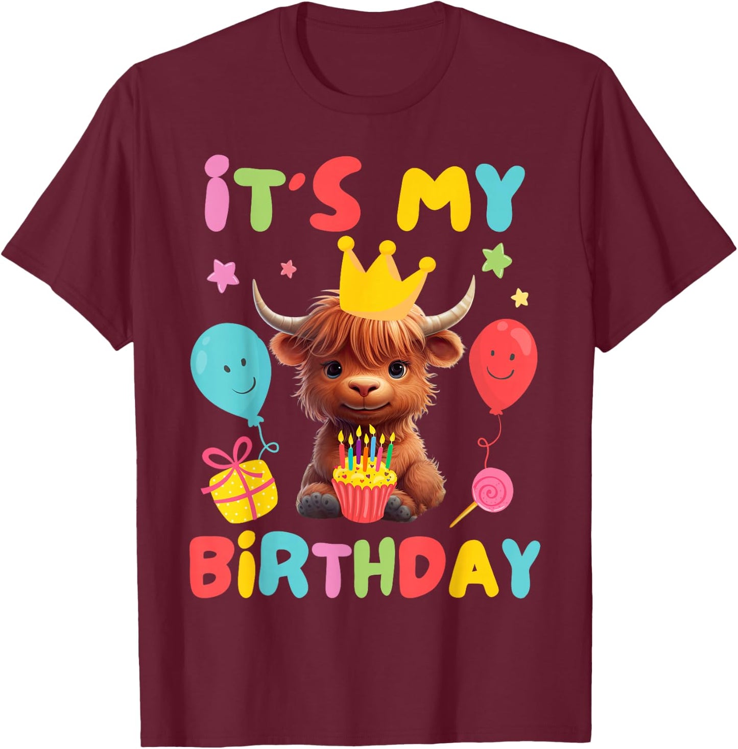 It's My Birthday Boy Girl Kid Cute Highland Cow Birthday T-Shirt - T-Shirt | Maroon