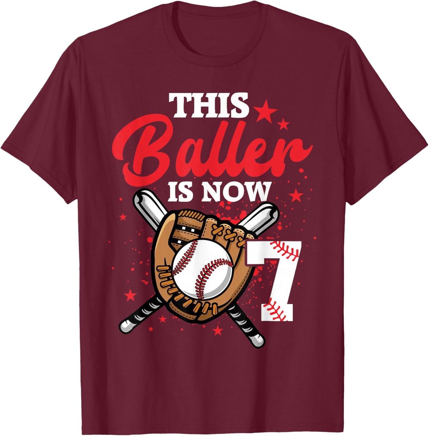 7th Birthday Baseball Boy 7 Year Old Baseball Player T-Shirt - T-Shirt | Maroon