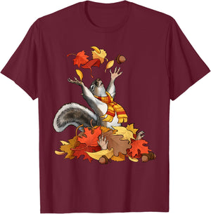 Cute Squirrel With Fall Leaves Autumn Animal Thanksgiving T-Shirt - T-Shirt | Maroon