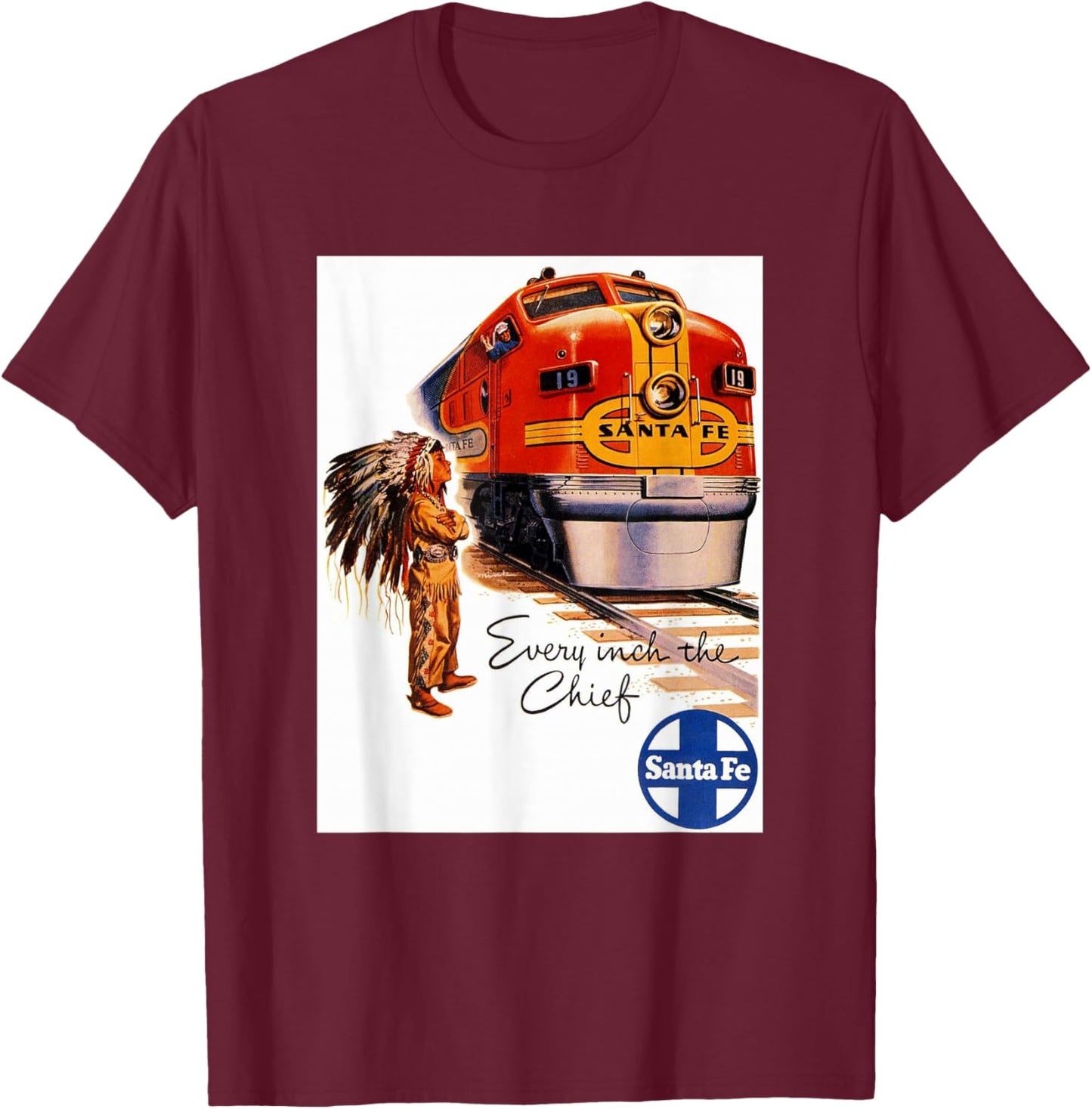 Retro Vintage Movie Posters Prints Ads Santa Fe Railway Native American Train Rails Travel - Men's X-Small Black Short Sleeve Classic Fit Pull On T-Shirt - T-Shirt | Maroon