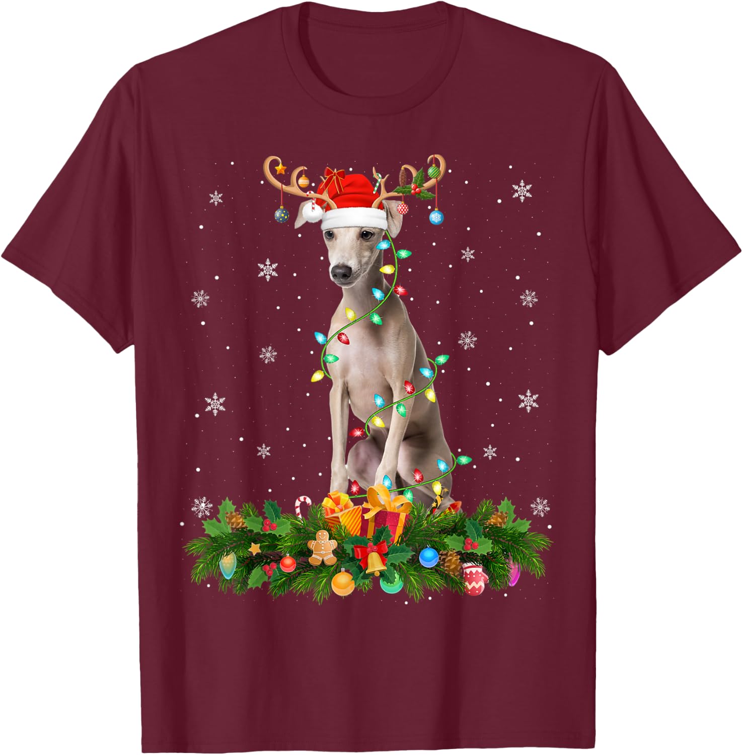 Xmas Holiday Reindeer Santa Italian Greyhound Dog Christmas T-Shirt - T-Shirt | Maroon