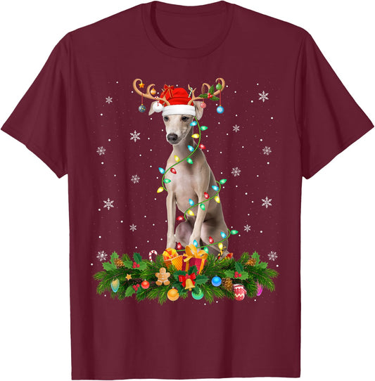 Xmas Holiday Reindeer Santa Italian Greyhound Dog Christmas T-Shirt - T-Shirt | Maroon