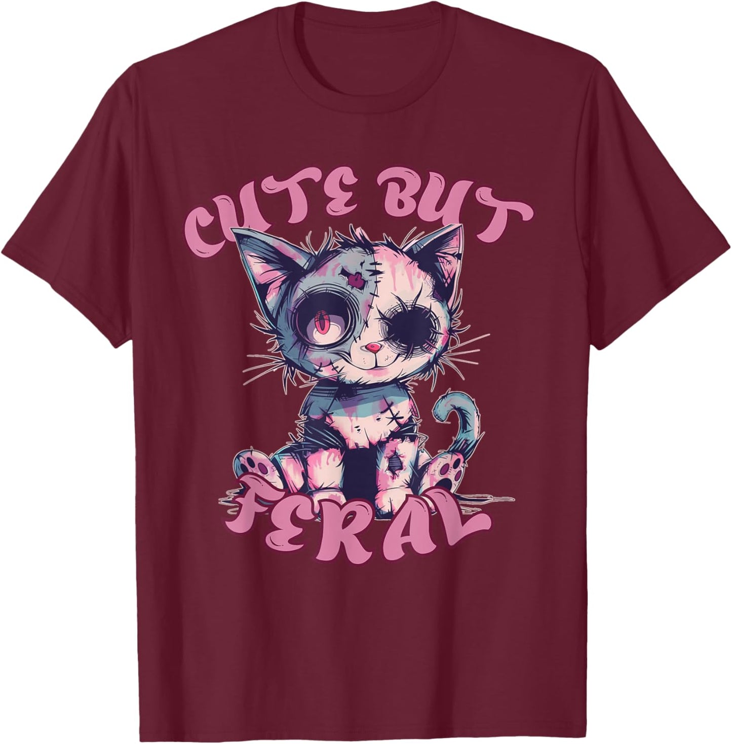 Cute But Feral Zombie Voodoo Cat Halloween Spooky Women Kids T-Shirt - T-Shirt | Maroon