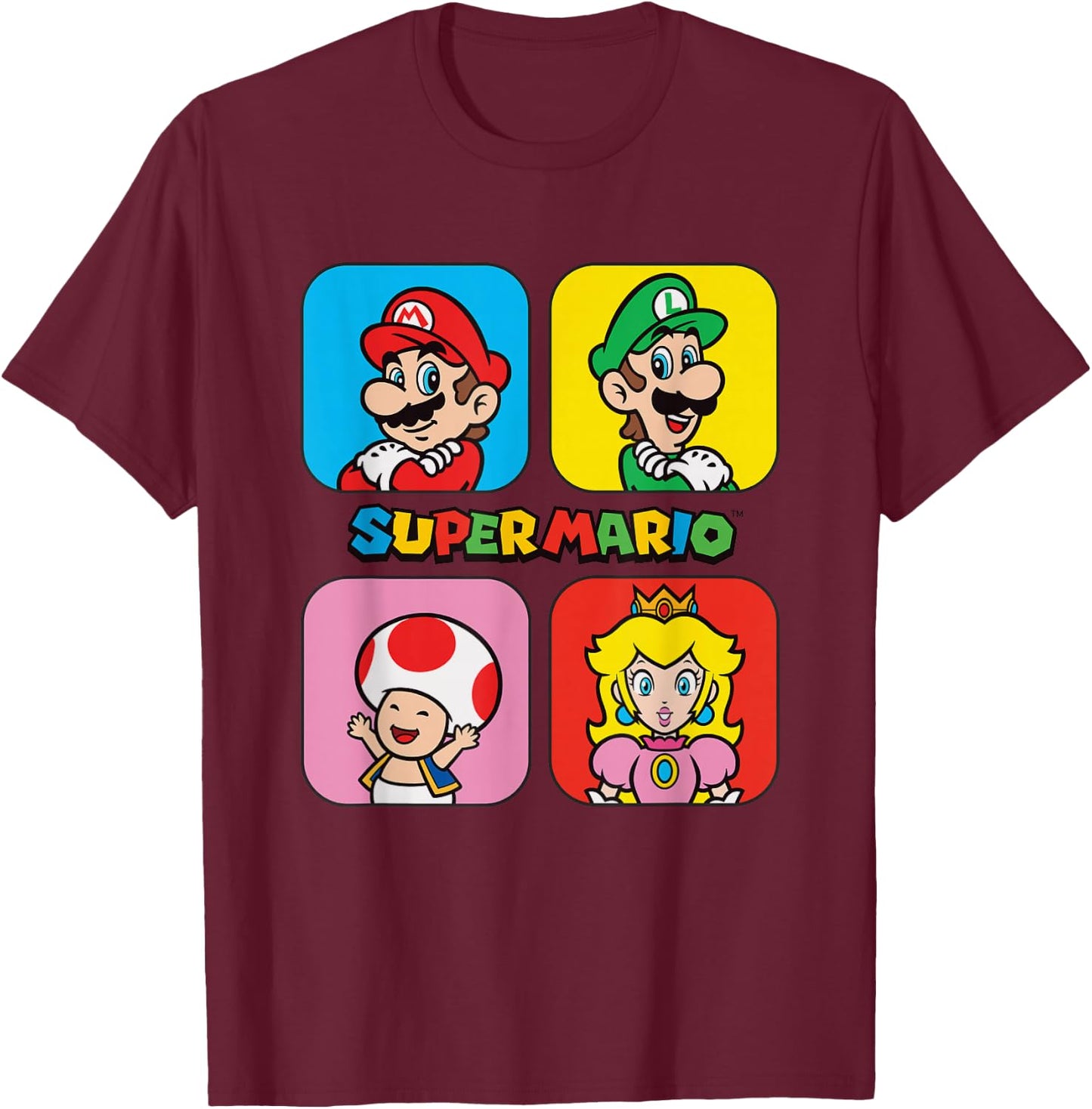 Super Mario Bros Toad & Peach Power Up Squares T-Shirt - T-Shirt | Maroon