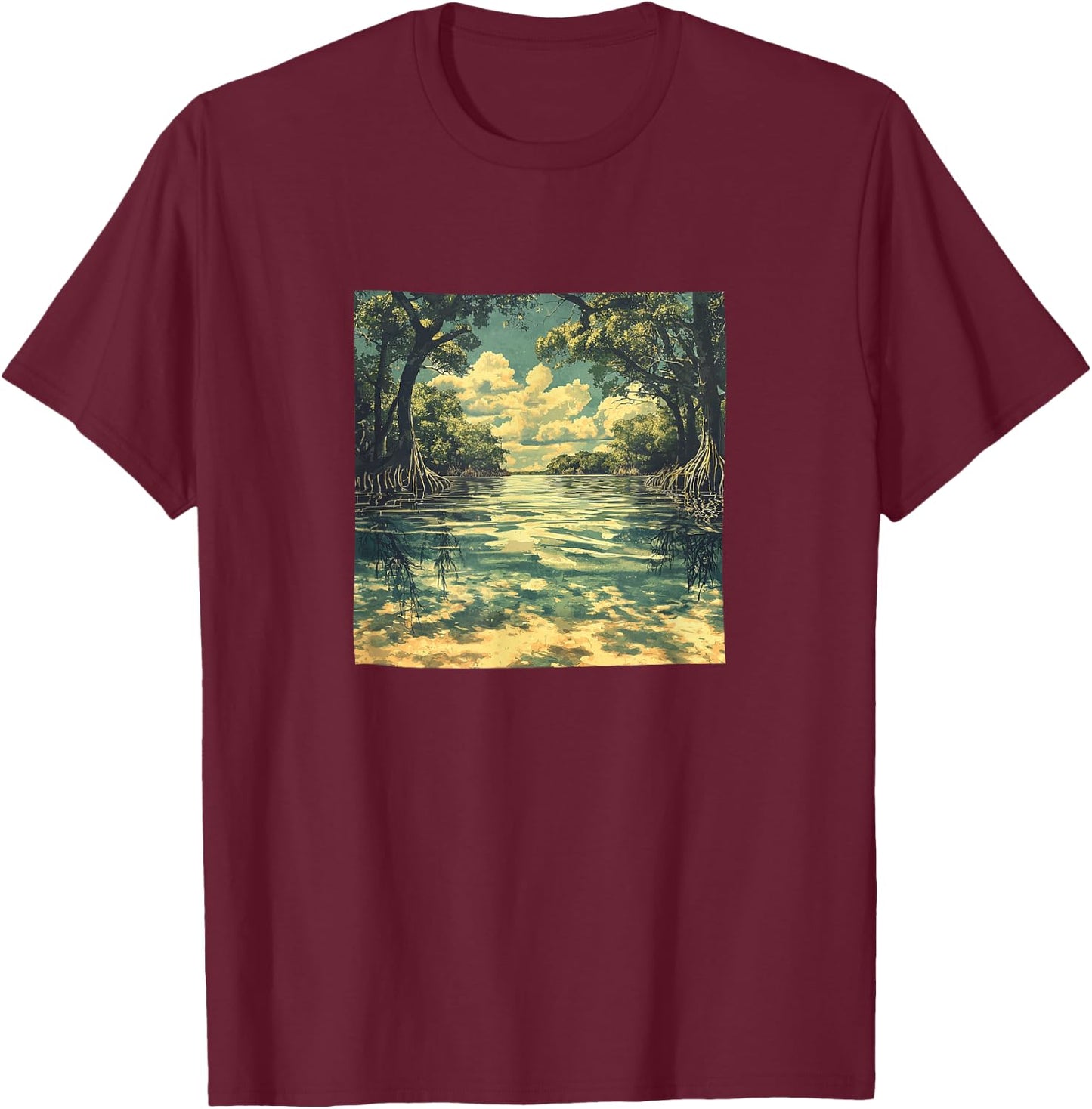 Mangrove Forest Vintage Landscape Graphic T-Shirt - T-Shirt | Maroon
