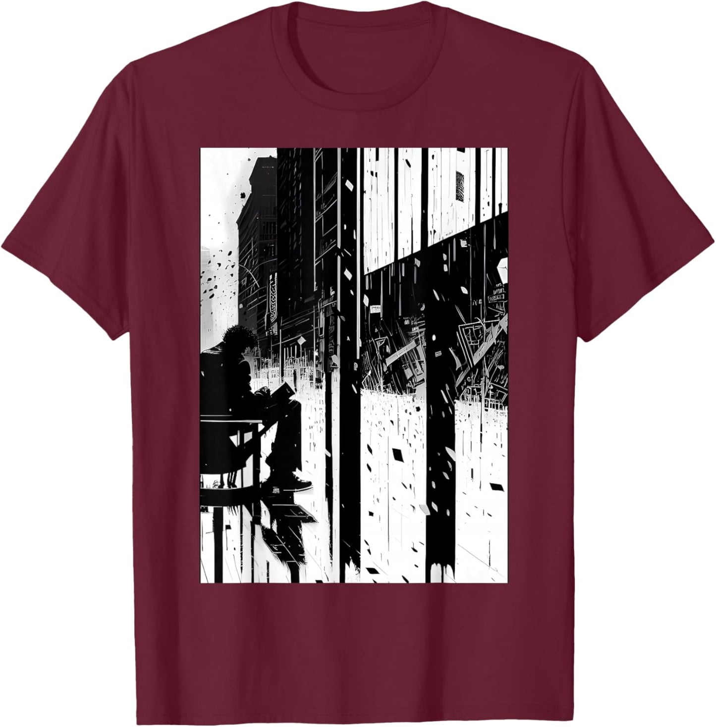 Black and White Abstract Art of Man on a bench in the City. T-Shirt - T-Shirt | Maroon