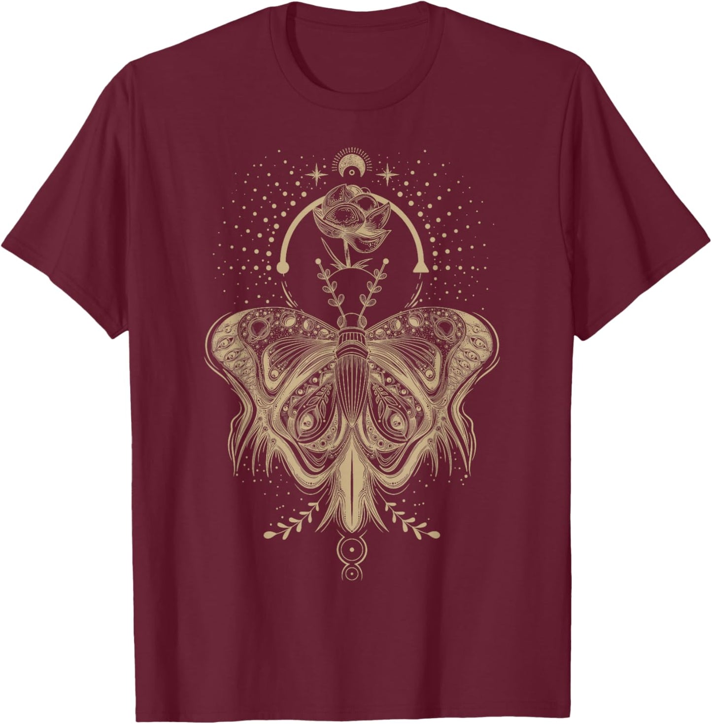 Floral Moth Butterfly Flower Celestial Geometry T-Shirt - T-Shirt | Maroon