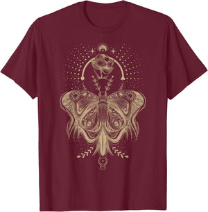Floral Moth Butterfly Flower Celestial Geometry T-Shirt - T-Shirt | Maroon