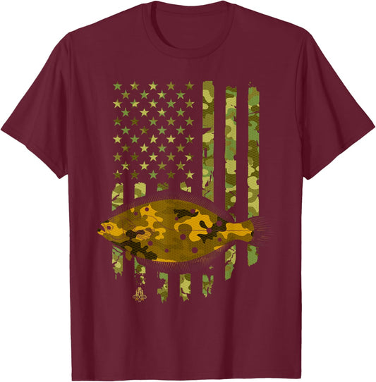 Flatfish Fishing Plaice Halibut American Flag Camouflage T-Shirt - T-Shirt | Maroon