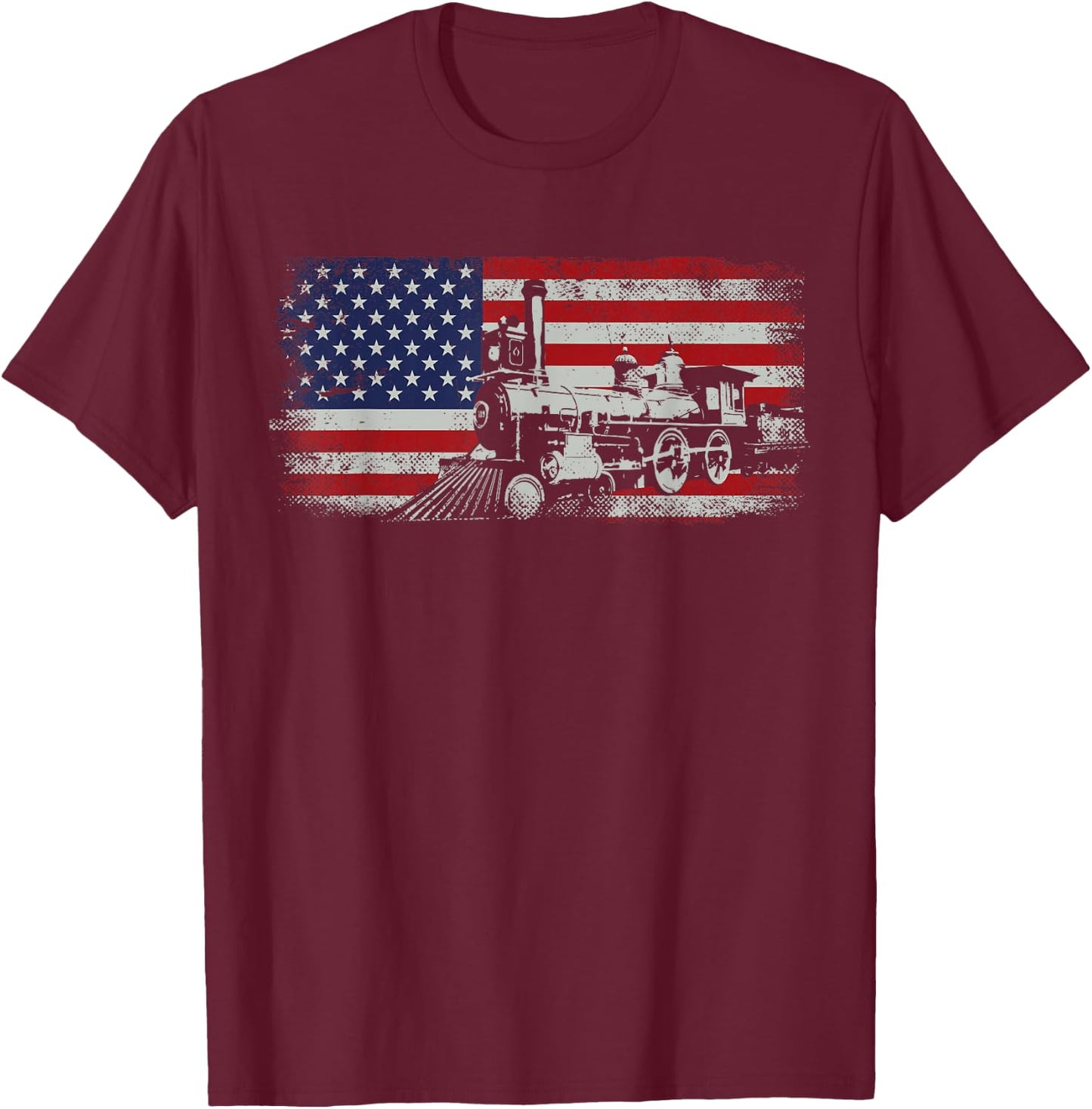 Steam Train Driver Trainspotting Locomotive American Flag T-Shirt - T-Shirt | Maroon