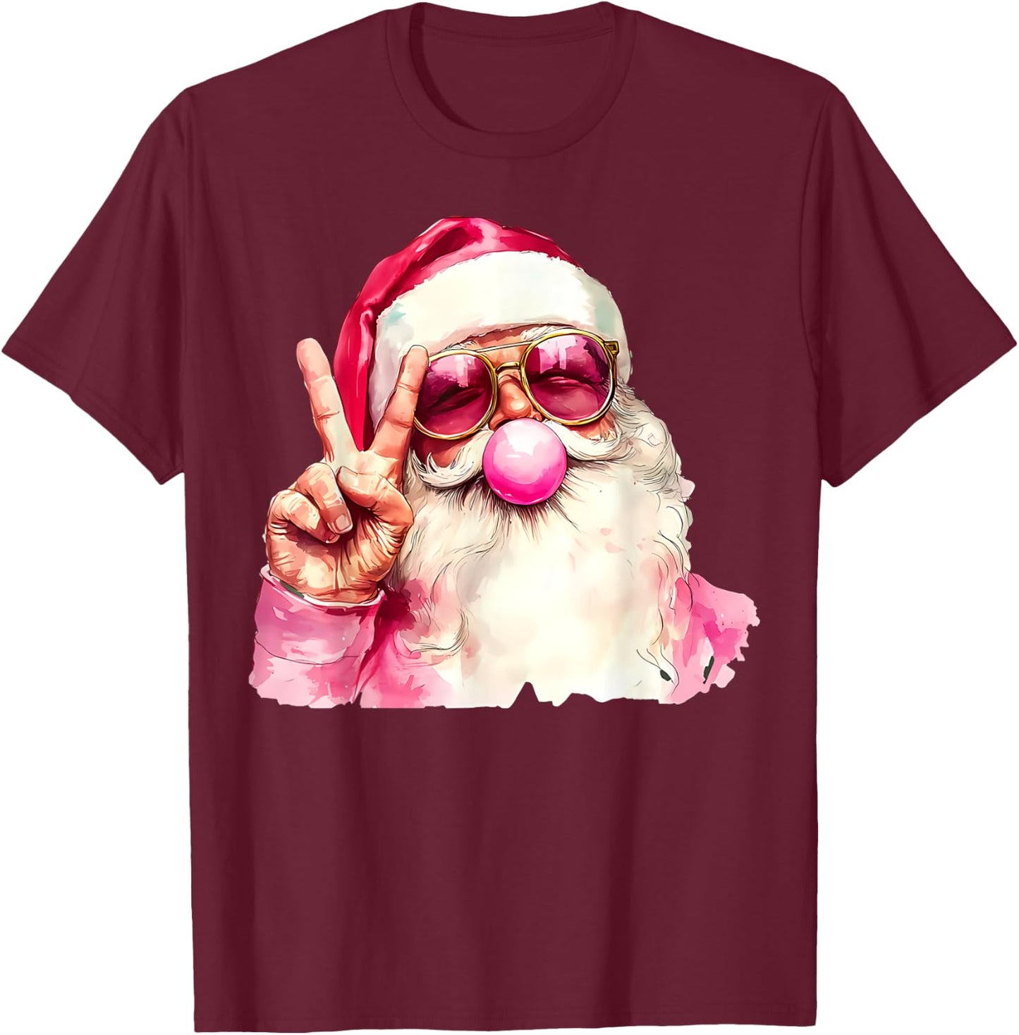 Santa Claus Blowing Bubble Gum Pink Sunglasses Christmas T-Shirt - T-Shirt | Maroon