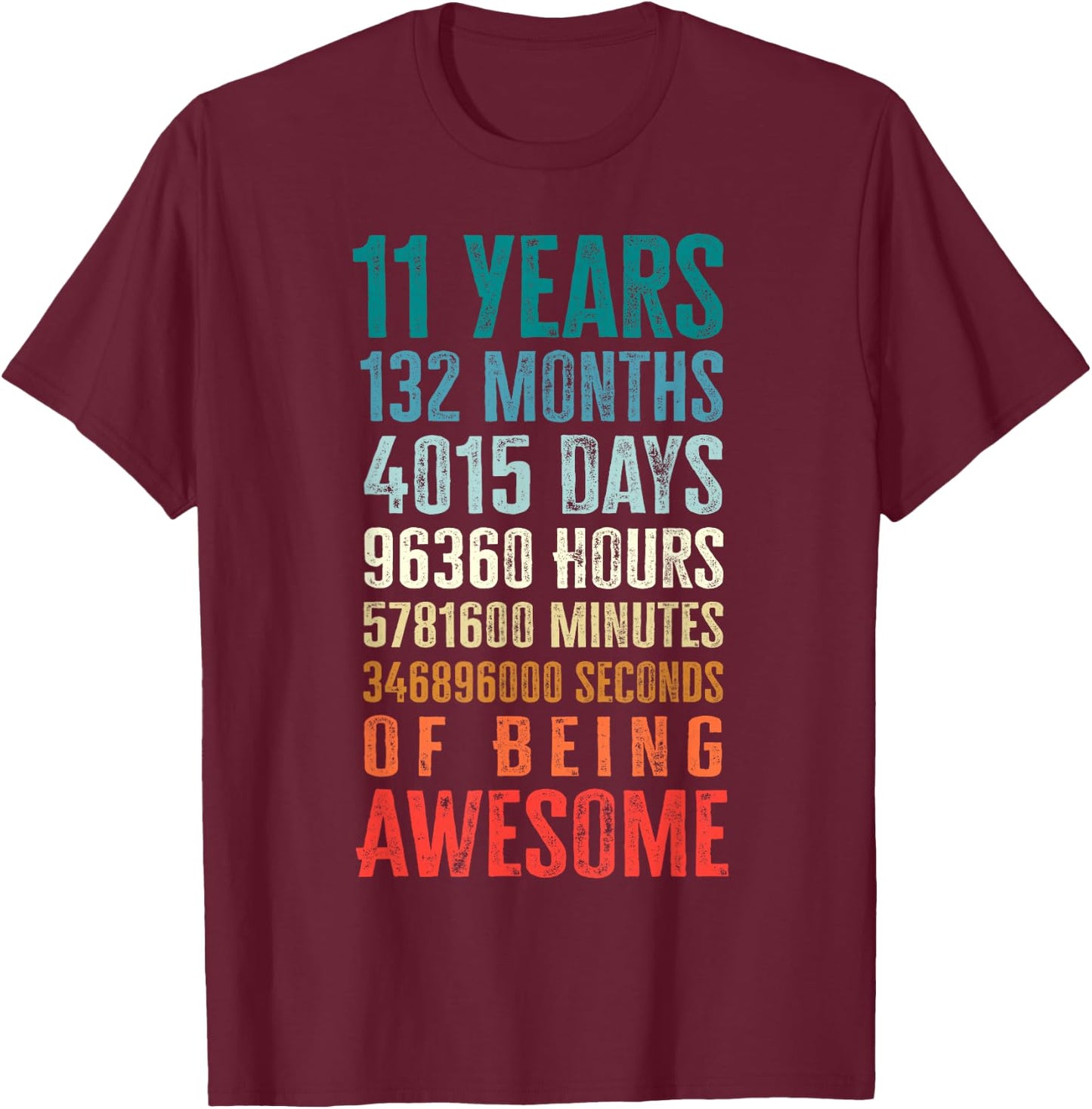 11 Years 132 Months of Being Awesome 11th Birthday Gifts T-Shirt - T-Shirt | Maroon