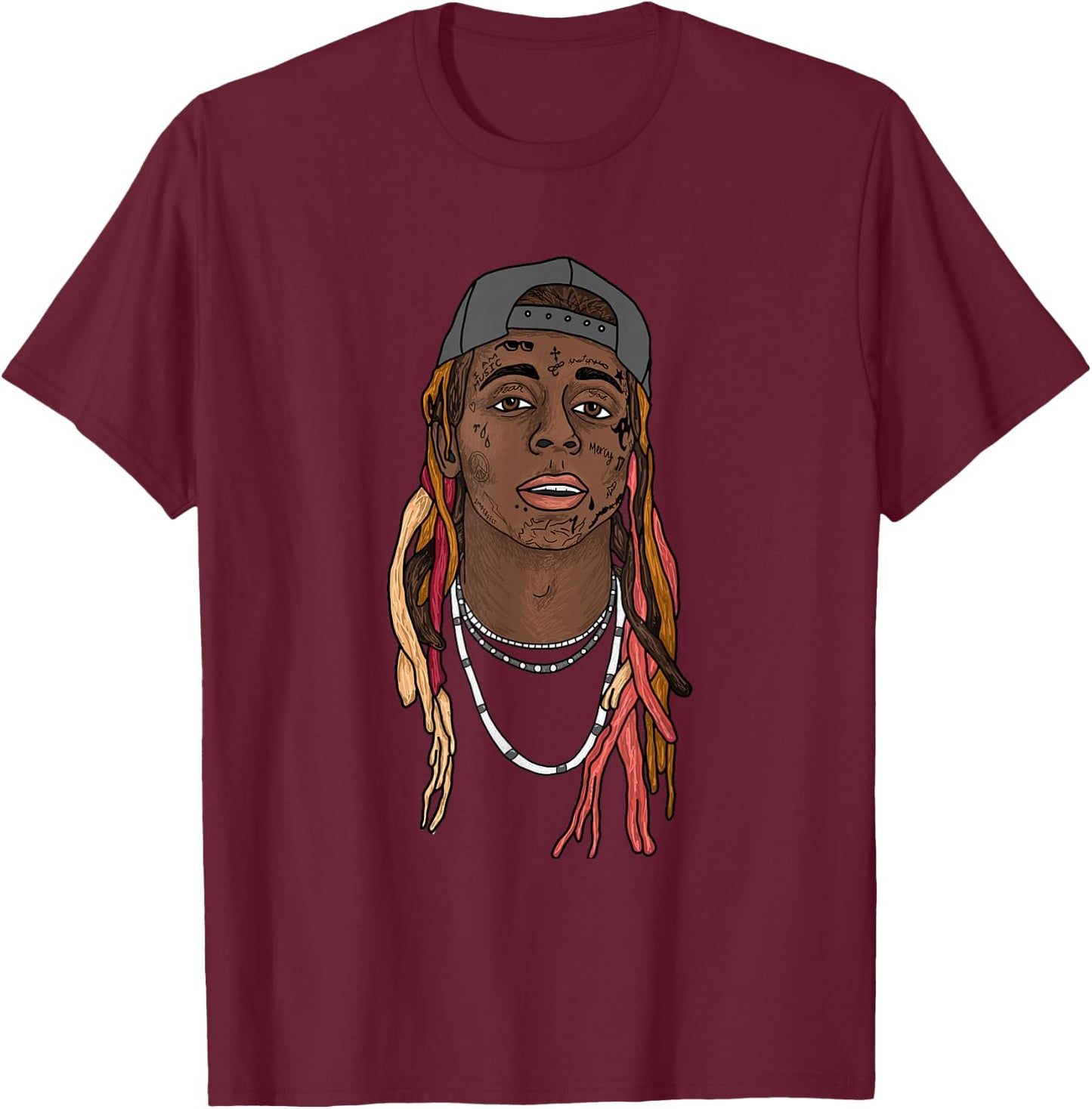 Lil Wayne Illustrated Face T-Shirt - T-Shirt | Maroon