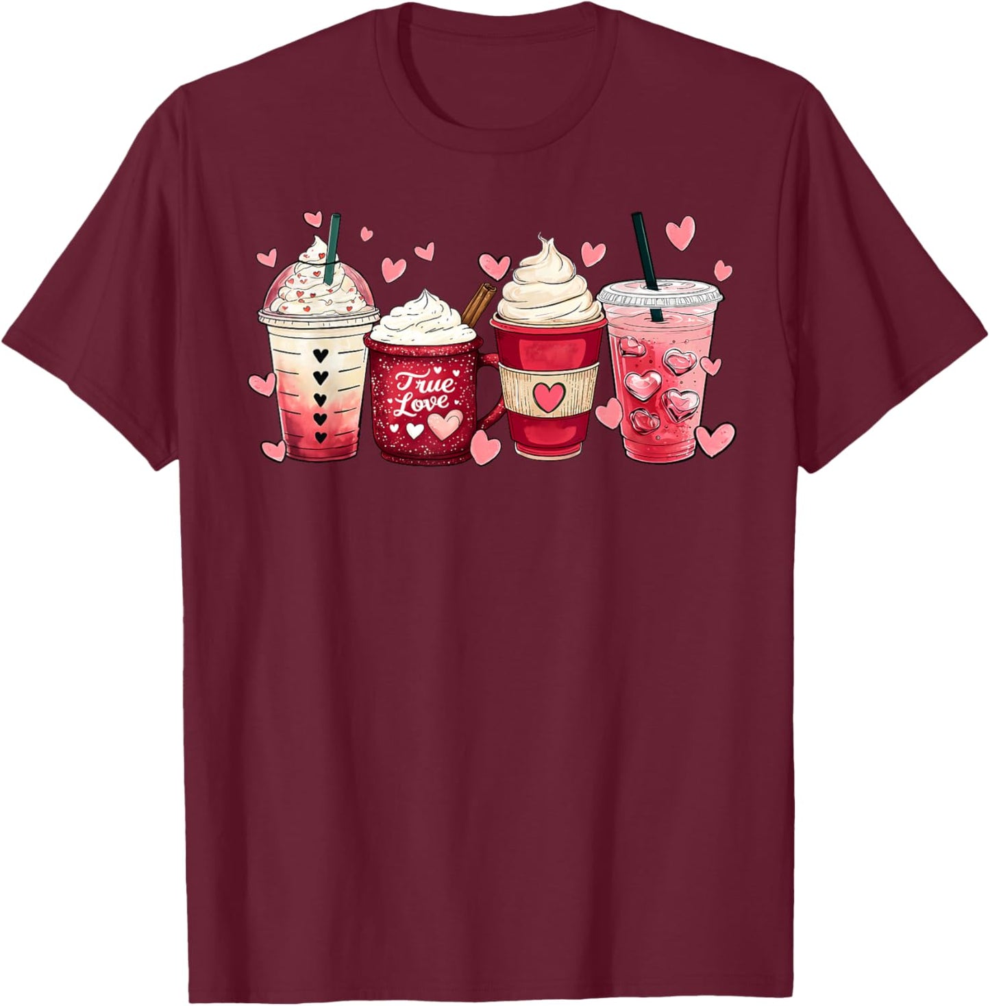 Coffee Lover Cups Latte Iced Cream Valentines Day Women Girl T-Shirt - T-Shirt | Maroon