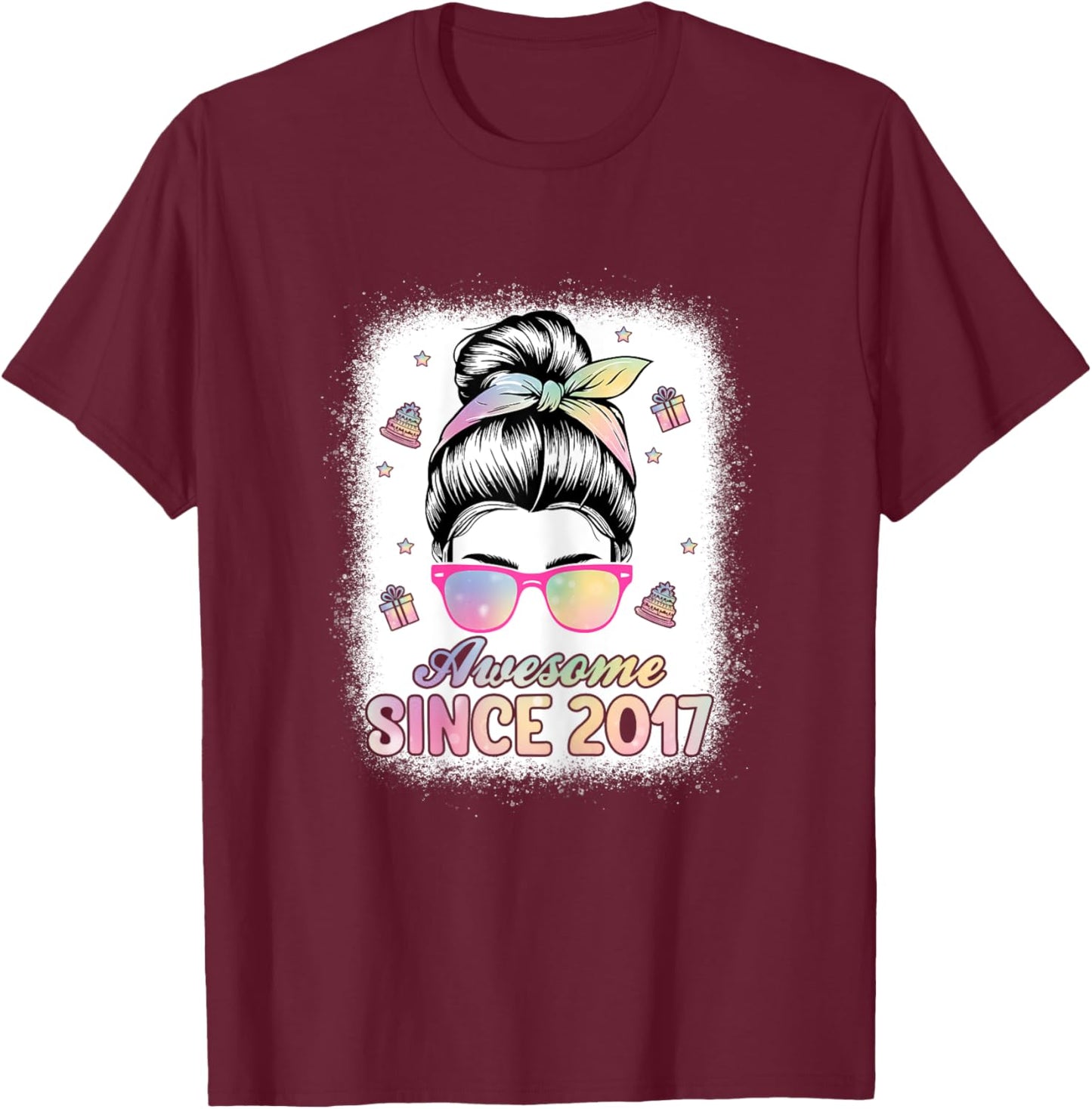 Awesome Since 2017 Messy Bun Hair 8th Birthday Party Girls T-Shirt - T-Shirt | Maroon