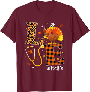 Love Nurse Life Fall PCT Nurse Leopard Plaid Thanksgiving T-Shirt - T-Shirt | Maroon
