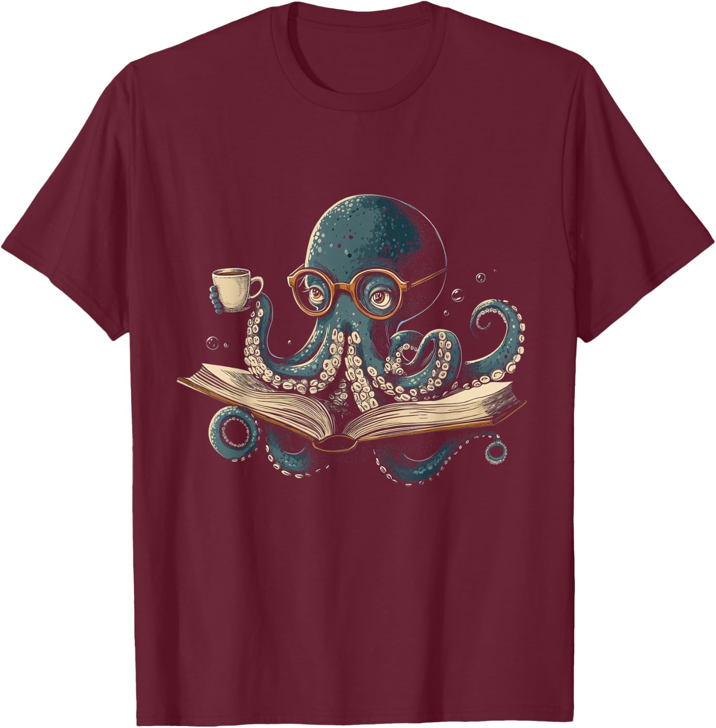 Octopus Reading Book Coffee Funny Book Lover Bookworm Nerd T-Shirt - T-Shirt | Maroon