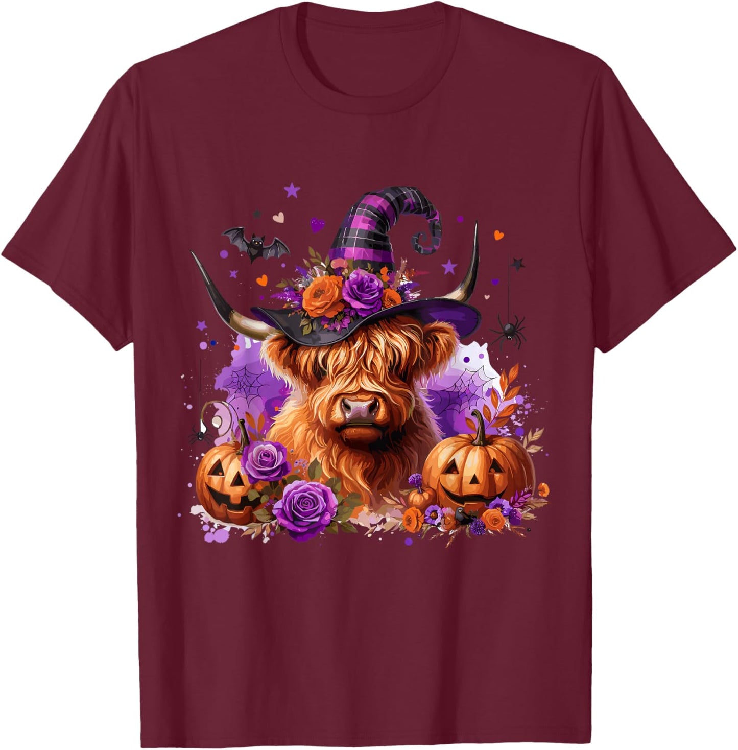Halloween Highland Cow Pumpkin Witchy Bat T-Shirt - T-Shirt | Maroon