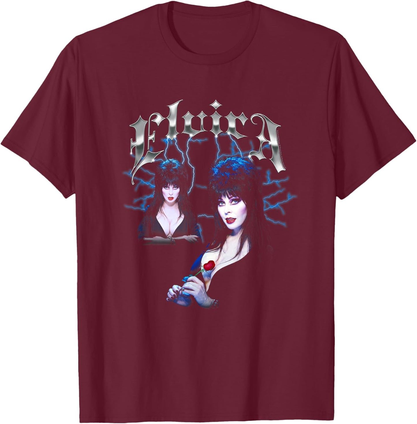 Elvira, Mistress of The Dark Chrome Name and Poses Pin-Up T-Shirt - T-Shirt | Maroon