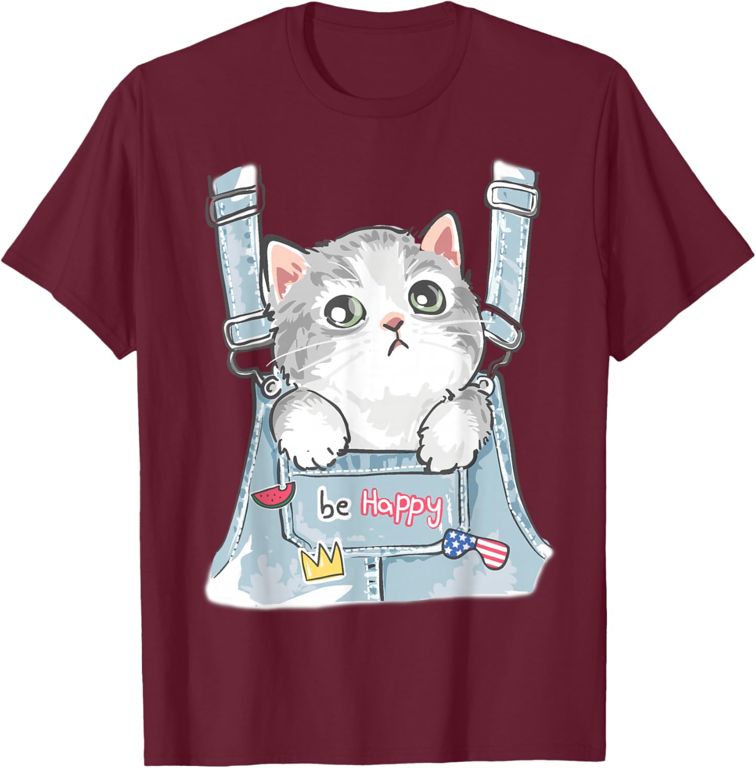 Cute Cat Fake Overalls Cat Lovers Kids Toddler Girl Teen T-Shirt - T-Shirt | Maroon