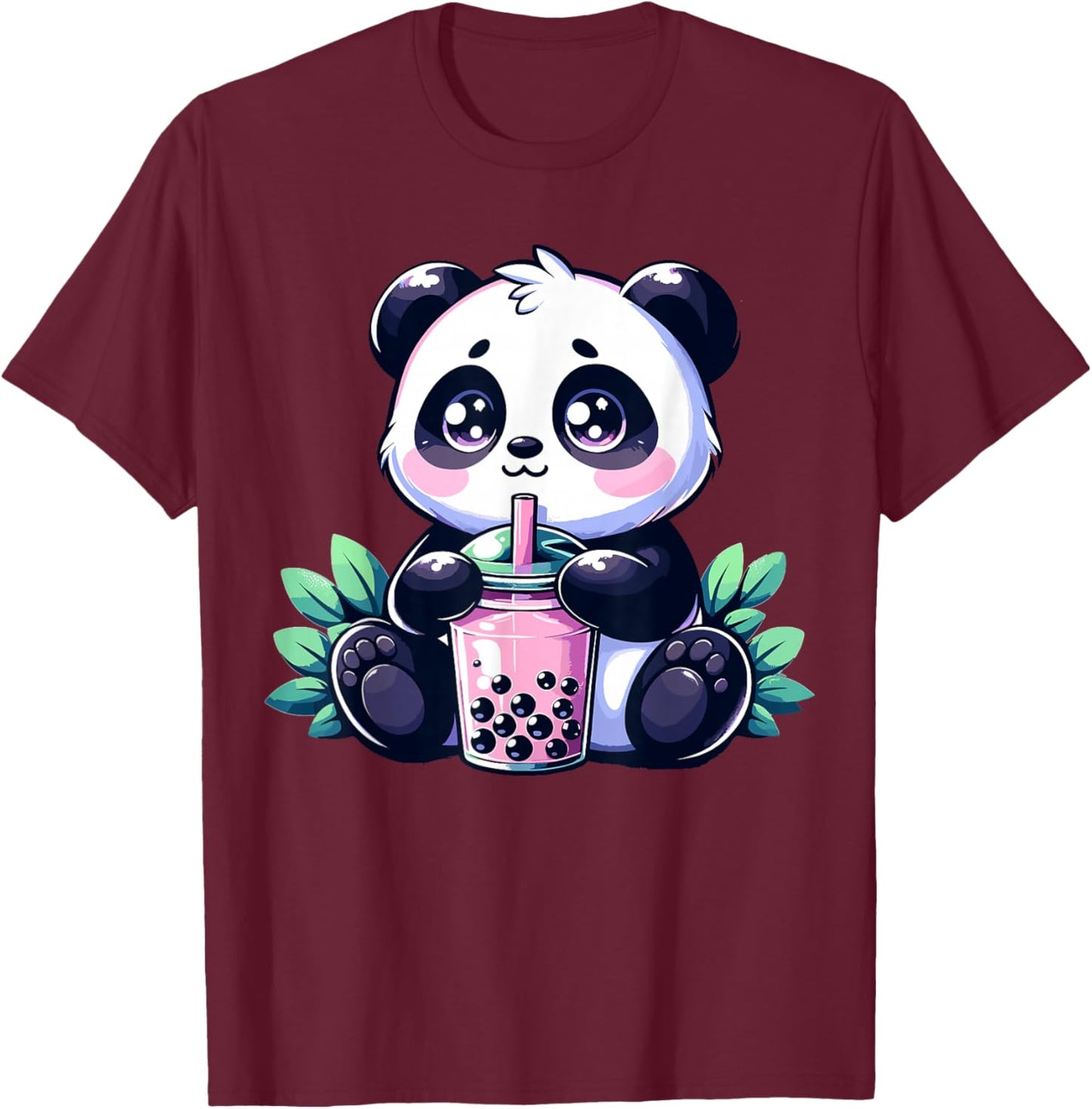 Kawaii Cute Anime Panda Drinking Bubble Tea Boba Tea Panda T-Shirt - T-Shirt | Maroon