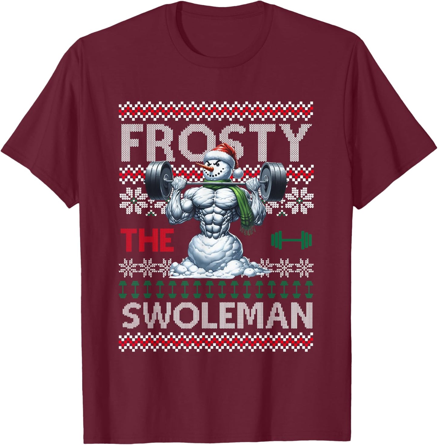 Frosty the Swoleman Funny Muscle Snowman Weightlifting Gym T-Shirt - T-Shirt | Maroon