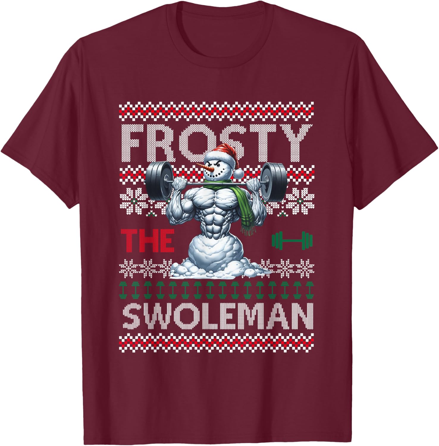 Frosty the Swoleman Funny Muscle Snowman Weightlifting Gym T-Shirt - T-Shirt | Maroon