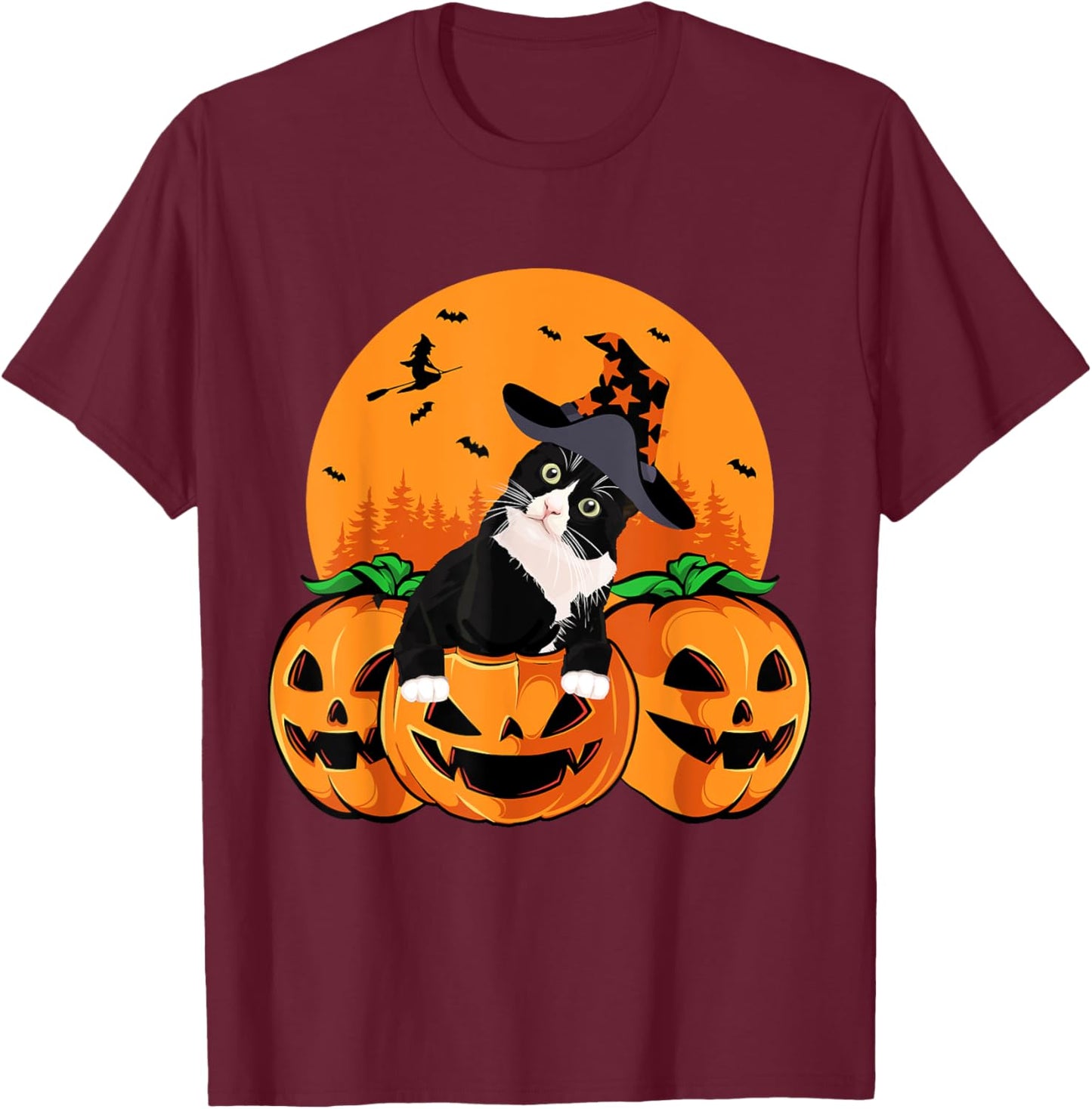 Tuxedo Cat Witch Hat Halloween Scary Jack O Lantern Pumpkins T-Shirt - T-Shirt | Maroon