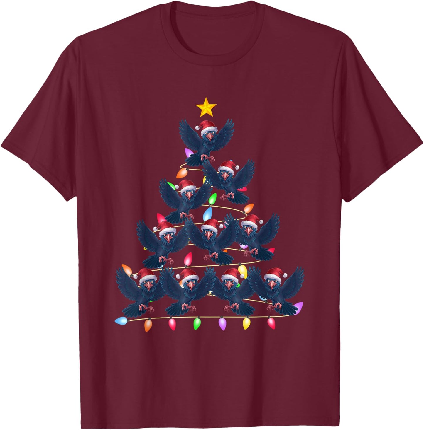 Christmas Tree Lights Men Women Santa Raven Xmas PJs T-Shirt - T-Shirt | Maroon
