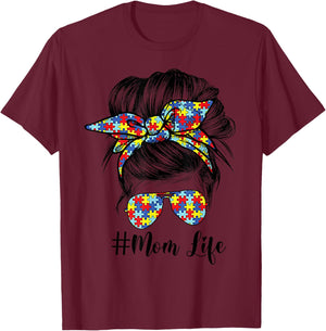 Mom Life Messy Bun Hair Bandana Glasses Autism Mother's Day T-Shirt - T-Shirt | Maroon