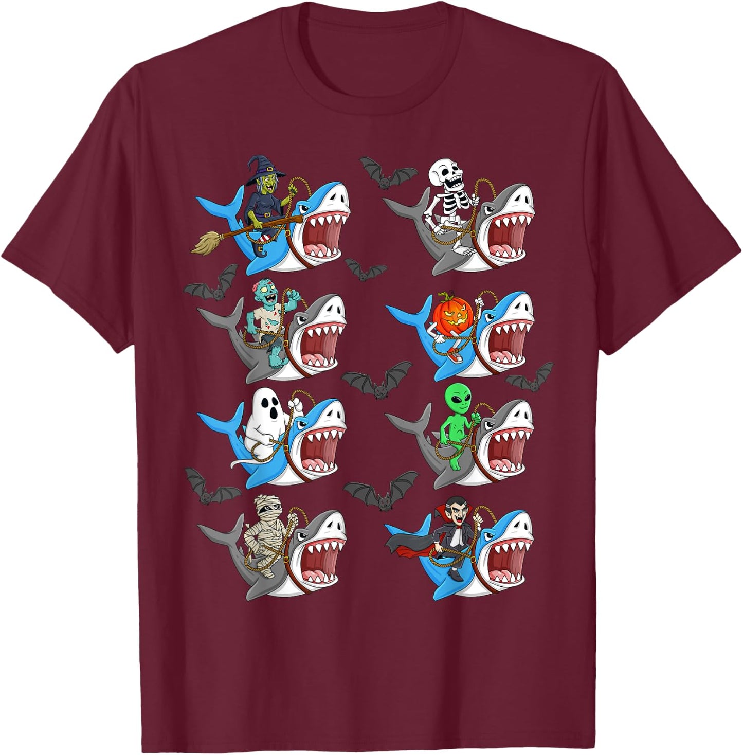 Halloween Skeleton Zombie Riding Shark Mummy Vampire Boys T-Shirt - T-Shirt | Maroon