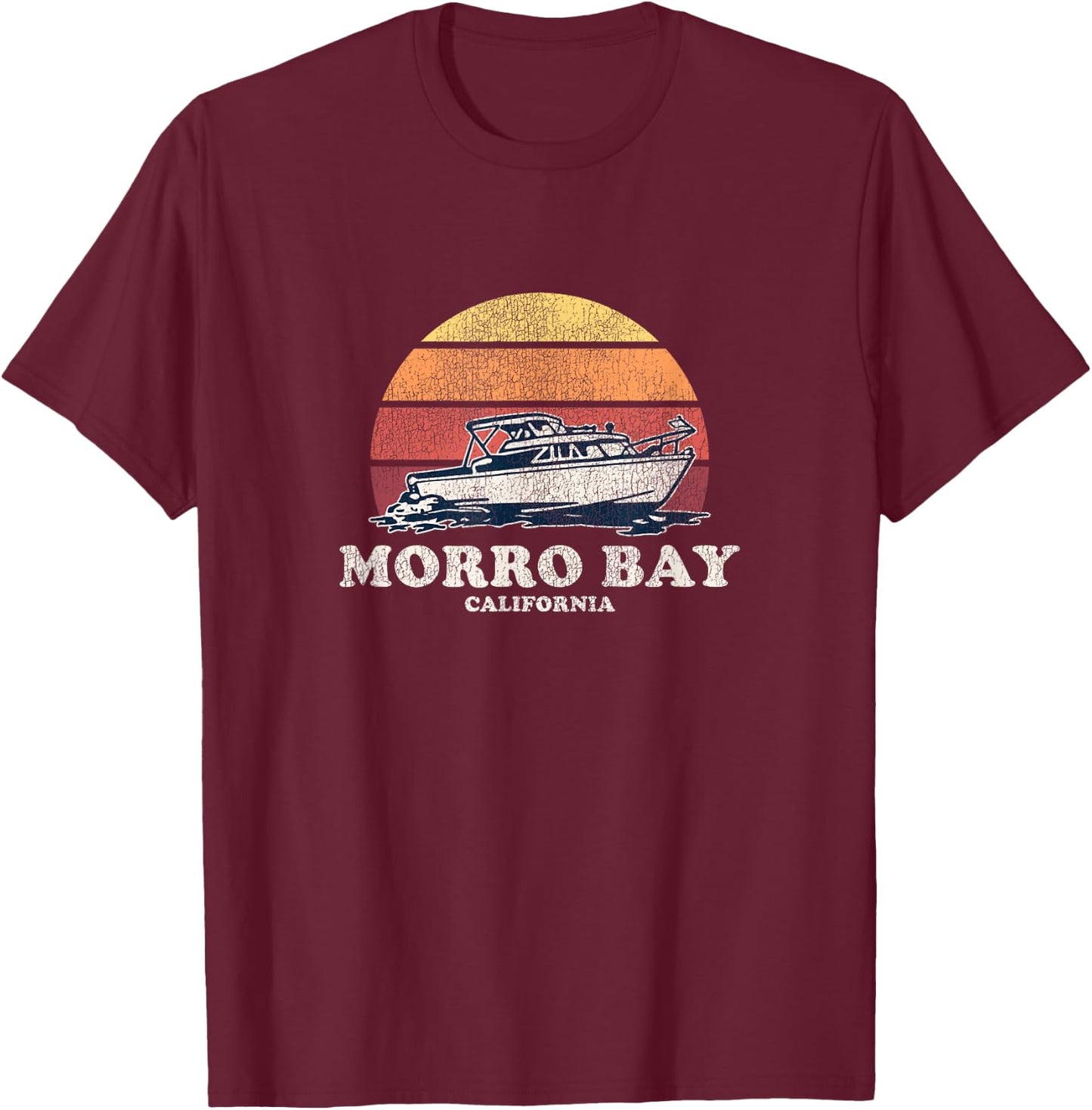 Morro Bay CA Vintage Boating 70s Retro Boat Design T-Shirt - T-Shirt | Maroon